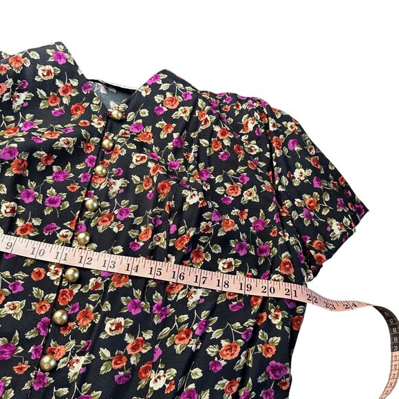 Vintage 90s Floral Rayon Dress Black Button Front Midi Sz 16 - Picture 8 of 10